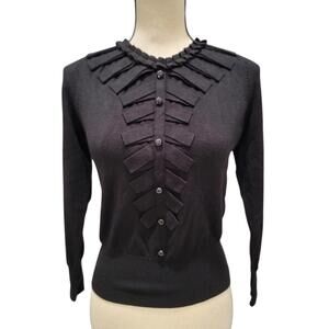 Sweater -NWOT -  Solid Black, Ruffle Front by Young Yang, Sz sm.